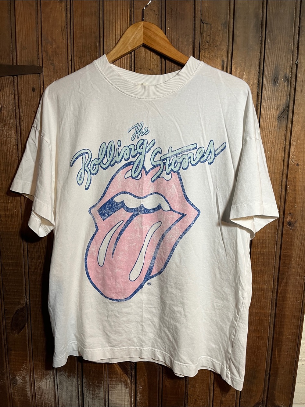 the Rolling Stones White Tee with Pink Tongue and Blue Script